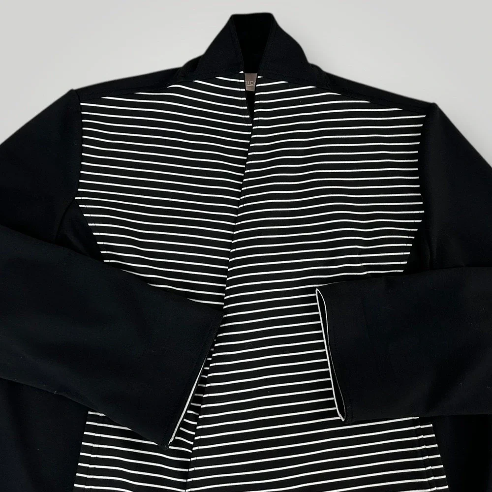 Chicos Jacket Womens‎ 3 (XL) Black White Stripe Open Front Knit Stretch Casual